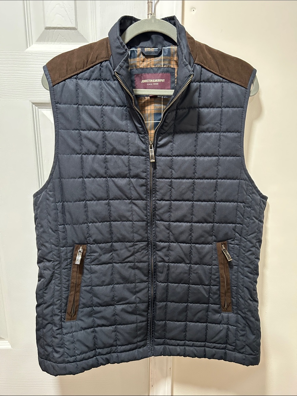 Johnston & Murphy Quilted Navy Vest with Brown Trim